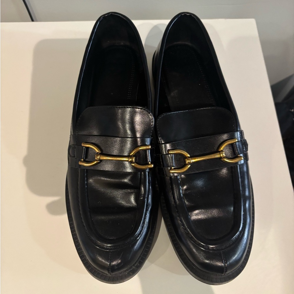 Zara Flat Buckle Black Loafers